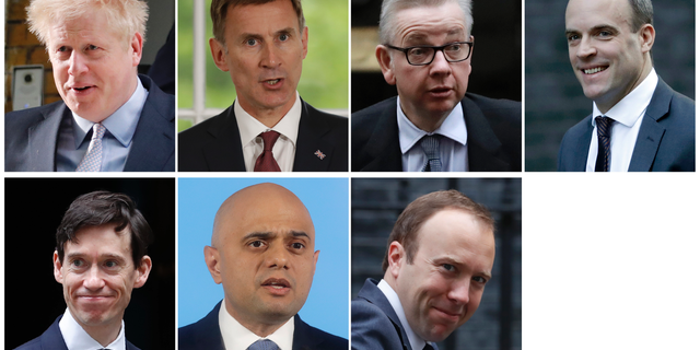 This combination photo made up of file photos shows the remaining contenders in the Conservative Party leadership race after the first round of votes on Thursday June 13, 2019. From top left, Boris Johnson, Jeremy Hunt, Michael Gove, Dominic Raab and bottom row from left, Rory Stewart, Sajid Javid and Matt Hancock. Boris Johnson secured the most support in the first round, while three other candidates have been eliminated. (AP Photo)