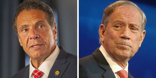 New York Gov. Andrew Cuomo, left, has drawn some sharp criticism from a Republican predecessor, former Gov. George Pataki.