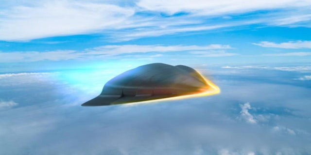 An artist’s rendering illustrates what a hypersonic missile could look like as it travels along the edge of Earth's atmosphere.