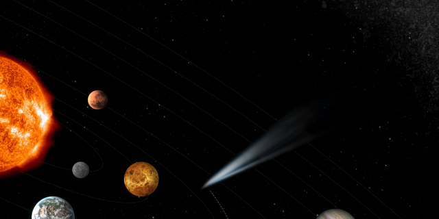 A graphic of the spacecraft's course to intercept the comet as it enters the inner solar system.