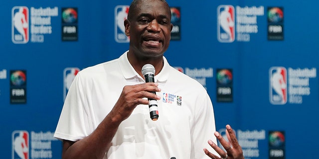 Dikembe Mutombo speaks during the opening ceremony of Basketball without Borders Africa in Johannesburg, South Africa, in 2018. (AP)