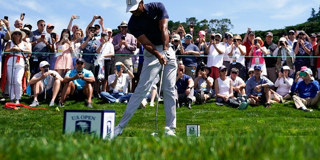Tiger Woods hits his tee shot on the ninth hole during a practice round for the U.S. Open Championship golf tournament Monday, June 10, 2019, in Pebble Beach, Calif. 