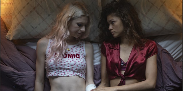 Hunter Schafer, left, as Jules and Zendaya, right, as Rue.