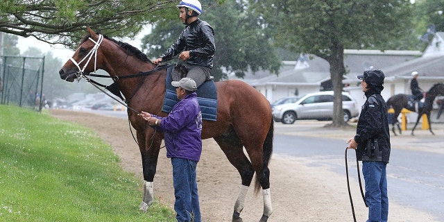 Maximum Security, ridden by exercise rider Edelberto Rivas up, pauses after a morning gallop as assistant trainer Jose Hernandez and Jason Servis, right, to look on at Monmouth Park, Thursday, June 13, 2019, in Oceanport, N.J. Maximum Security will make his next start in Sunday's $150,000 Pegasus Stakes horse race at the track. (Bill Denver/EQUI-PHOTO via AP)
