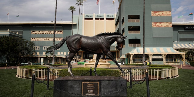 FILE - In this March 5, 2019, file photo, a statue of Zenyatta stands in the paddock gardens area at Santa Anita Park in Arcadia, Calif. A second horse in two days and 29th overall died at Santa Anita, Sunday, June 9, 2019, where management has chosen to continue racing for the rest of the current meet. (AP Photo/Jae C. Hong, File)