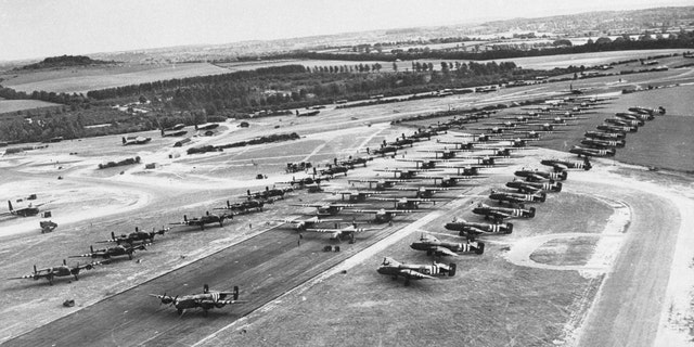 File photo - A double row of Horsa gliders flanked by Halifax bombers photographed in England before the invasion of Normandy.