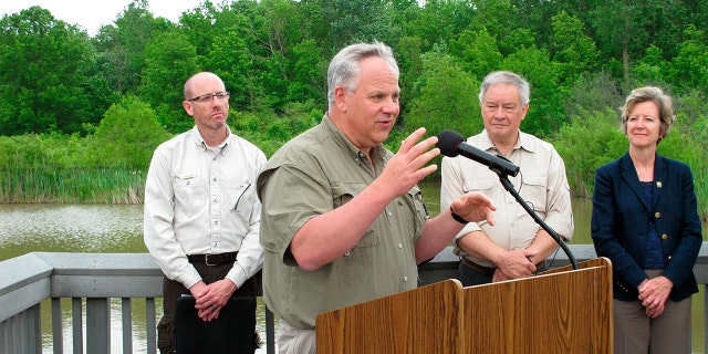 Interior Secretary David Bernhardt announces plans to expand hunting and fishing access in the nation's wildlife refuges, Wednesday, June 5, 2019, in Oak Harbor, Ohio. The plan affects 1.4 million acres on federal public lands.