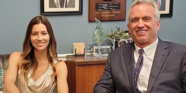 Jessica Biel poses with Robert F. Kennedy Jr. during visit to California State Capitol