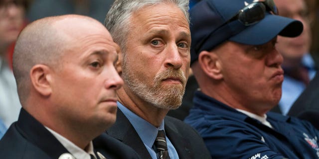 Entertainer and activist Jon Stewart lends his support to firefighters, first responders and survivors of the September 11 terror attacks at a hearing by the House Judiciary Committee as it considers permanent authorization of the Victim Compensation Fund, on Capitol Hill in Washington, Tuesday, June 11, 2019. (AP Photo/J. Scott Applewhite)