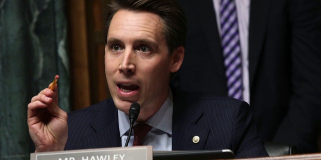 File photo - U.S. Sen. Josh Hawley (R-MO) speaks during a hearing before the Senate Judiciary Committee March 12, 2019 on Capitol Hill in Washington, DC.