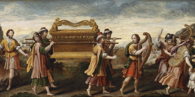 King David bearing the Ark of the Covenant into Jerusalem depicted in the early 16th century. From a private collection.