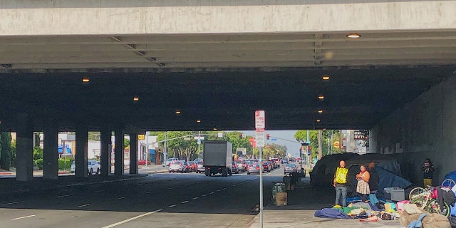 A view of the homeless camp on the Los Angeles side of Venice Blvd. (Andrew O'Reilly/Fox News)