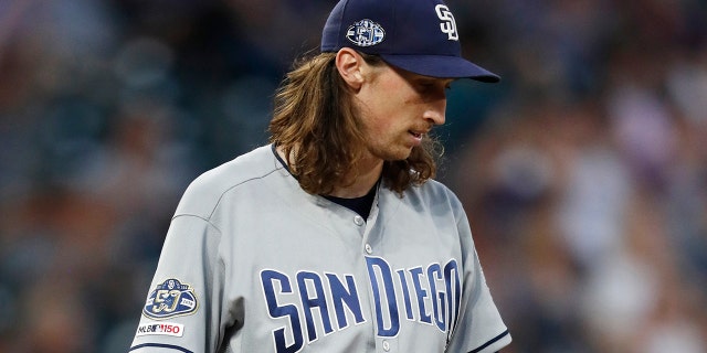 Matt Strahm was ejected from the game against the Colorado Rockies on Saturday. (AP Photo/David Zalubowski)
