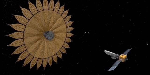 This artist's concept shows the geometry of a space telescope aligned with a starshade, a technology used to block starlight in order to reveal the presence of planets orbiting that star. (Credit: NASA/JPL-Caltech)