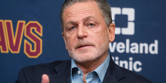FILE - In this July 26, 2017, file photo, Cleveland Cavaliers owner Dan Gilbert answers a question during a news conference at the Cavaliers training facility in Independence, Ohio. Gilbert has been released from a Detroit-area hospital nearly a month after suffering a stroke. Quicken Loans president CEO Jay Farner says Gilbert was discharged Wednesday, June 19, 2019, from Beaumont Hospital in Royal Oak, Michigan.(AP Photo/Phil Long, File)
