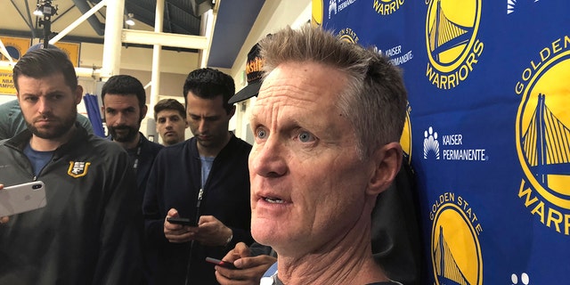 Golden State Warriors coach Steve Kerr talks with reporters at the NBA basketball team's practice facility Friday, June 14, 2019, in Oakland, Calif. (AP Photo/Janie McCauley)