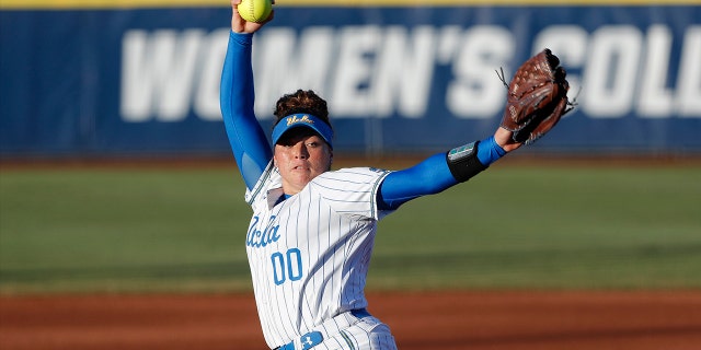 UCLA's Rachel Garcia pitches against Oklahoma during the first inning of Game 2 of the best-of-three championship series in the NCAA softball Women's College World Series in Oklahoma City, Tuesday, June 4, 2019.