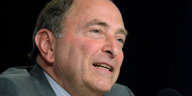 NHL Commissioner Gary Bettman speaks during a news conference before Game 5 of the NHL hockey Stanley Cup Final between the St. Louis Blues and the Boston Bruins, Thursday, June 6, 2019, in Boston, where Dunkin' brands announced a new multi-year agreement partnership with the National Hockey League. (AP Photo/Charles Krupa)