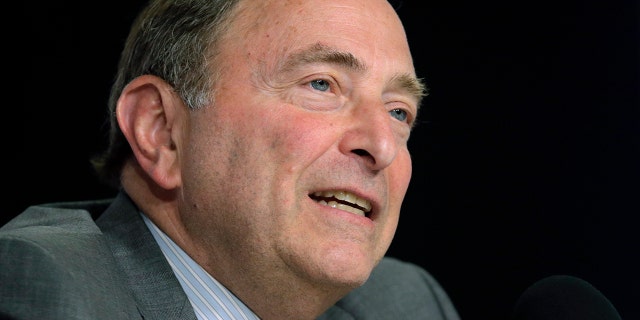 NHL Commissioner Gary Bettman speaks during a news conference before Game 5 of the NHL hockey Stanley Cup Final between the St. Louis Blues and the Boston Bruins, Thursday, June 6, 2019, in Boston, where Dunkin' brands announced a new multi-year agreement partnership with the National Hockey League. (AP Photo/Charles Krupa)
