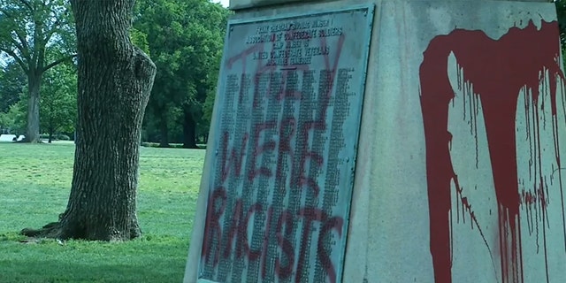 Red liquid was also doused on the statue while the phrase was scrawled on a plaque with the names of more than 500 Tennessee Confederate soldiers.