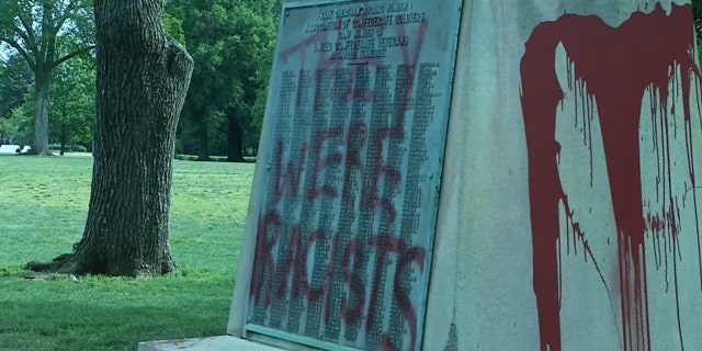 Red liquid was also doused on the statue while the phrase was scrawled on a plaque with the names of more than 500 Tennessee Confederate soldiers.
