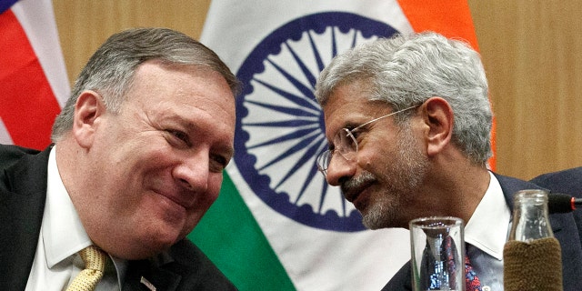 Secretary of State Mike Pompeo, left, listening to Indian Foreign Minister Subrahmanyam Jaishankar during a news conference at the Foreign Ministry in New Delhi, India, on Wednesday. (AP Photo/Jacquelyn Martin, Pool)