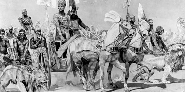 Illustration of King of Egypt Ramses II (aka Rameses) riding in a chariot with lions, being restrained by servants, walking beside him.