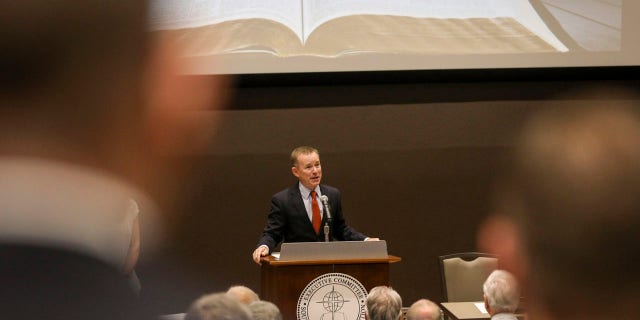 Mike Stone, Southern Baptist Convention executive committee chairman, speaks during an Executive Committee plenary meeting at the Southern Baptist Convention on Monday, June 10, 2019, in Birmingham, Ala. ( Jon Shapley/Houston Chronicle via AP)