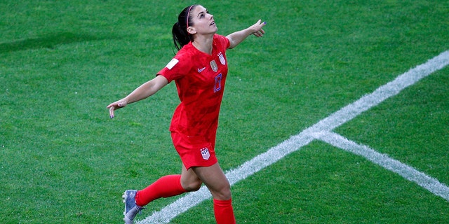 Alex Morgan of the United States celebrates his third goal in the Group F F match at the Auguste-Delaune Stadium in Reims, France on Tuesday, June 11, 2019 (AP Photo / François Mori)