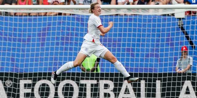 England's Ellen White celebrates after scoring her side's 2nd goal during the Women's World Cup round of 16 soccer match between England and Cameroon at the Stade du Hainaut stadium in Valenciennes, France, Sunday, June 23, 2019. (AP Photo/Michel Spingler)