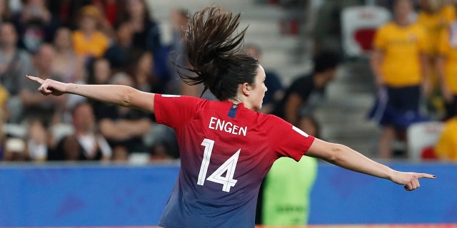 Norway's Ingrid Syrstad Engen celebrates after scoring in the penalty shoot-out of the Women's World Cup round of 16 soccer match between Norway and Australia at the Stade de Nice in Nice, France, Saturday, June 22, 2019. (AP Photo/Thibault Camus)