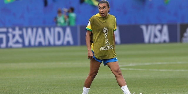 Brazil's Marta celebrates at the end of the Women's World Cup Group C soccer match between Brazil and Jamaica in Grenoble, France, Sunday, June 9, 2019. Marta has been ruled out for Brazil's opening match at the Women's World Cup because of a left thigh injury. (AP Photo/Laurent Cipriani)