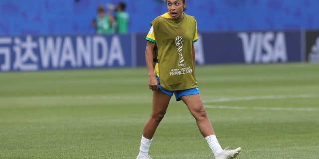 Brazil's Marta celebrates at the end of the Women's World Cup Group C soccer match between Brazil and Jamaica in Grenoble, France, Sunday, June 9, 2019. Marta has been ruled out for Brazil's opening match at the Women's World Cup because of a left thigh injury. (AP Photo/Laurent Cipriani)