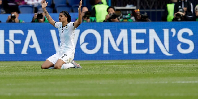 Argentina's Sole Jaimes gestures at the end of the Women's World Cup Group D soccer match between Argentina and Japan at the Parc des Princes in Paris, Monday, June 10, 2019. The match ended in a 0-0 draw. (AP Photo/Alessandra Tarantino)
