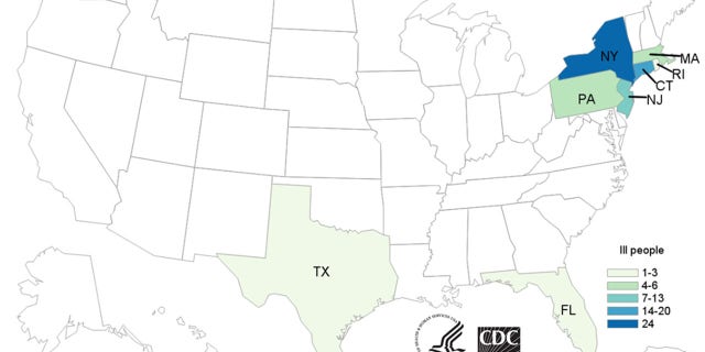 At least 62 people in 8 states have been sickened with salmonella after eating fresh papayas imported from Mexico, according to federal health officials.