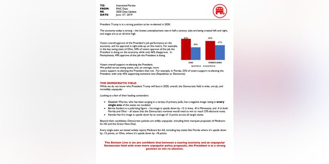 A Republican National Committee memo claims voters overall support Trump's re-election.