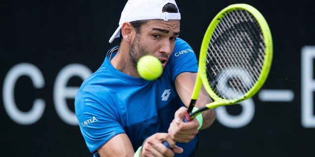 Italy's Matteo Berrettini returns the ball during his final match against Canada's Felix Auger-Aliassime at the ATP Tennis tournament in Stuttgart, Germany, June 16, 2019. (Silas Stein/dpa via AP)