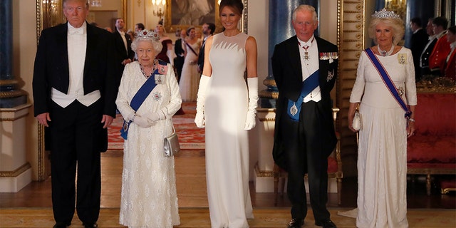 From left, President Trump, Queen Elizabeth II, first lady Melania Trump, Prince Charles and Camilla on Monday.