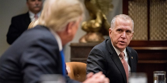 President Donald Trump, left, listens as Sen. Thom Tillis, R-N.C., right, speaks during a meeting with Republican Senators on immigration in the Roosevelt Room in the White House, Thursday, Jan. 4, 2018, in Washington.