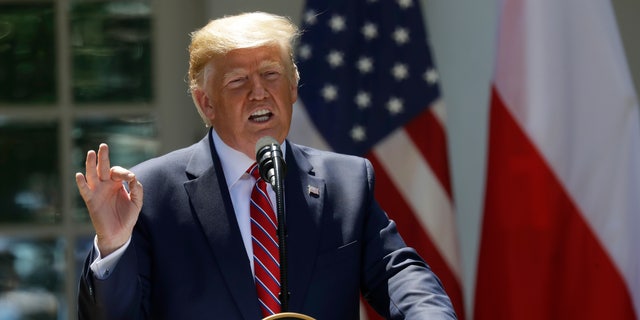 President Donald Trump speaks during a news conference with Polish President Andrzej Duda in the Rose Garden of the White House, Wednesday, June 12, 2019, in Washington. (AP Photo/Evan Vucci)
