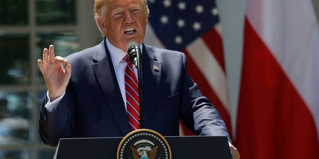 President Donald Trump speaks during a news conference with Polish President Andrzej Duda in the Rose Garden of the White House, Wednesday, June 12, 2019, in Washington. (AP Photo/Evan Vucci)