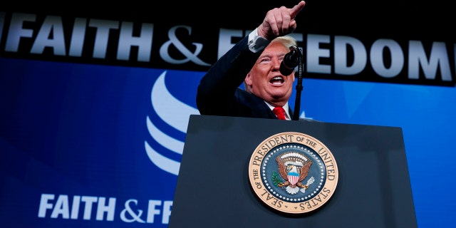 President Donald Trump speaks at the "Faith & Freedom Coalition 2019 Road To Majority Policy Conference," Wednesday, June 26, 2019, in Washington. (AP Photo/Evan Vucci)