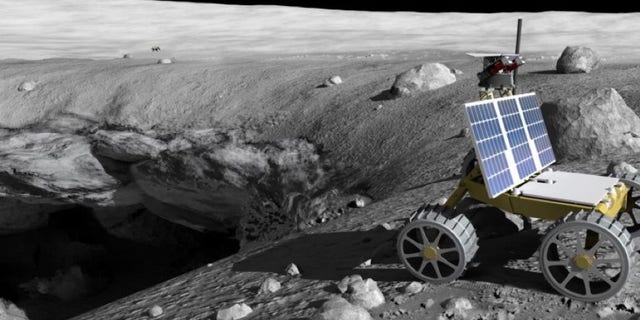 An artist's depiction of a mission at work exploring pits in the surface of the moon.