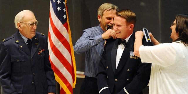 World War II veteran Walter Kloc, 101, flew from Amherst, New York to commission his grandson, Joseph, during the U.S. Air Force Academy's class of 2019 graduation ceremony in Colorado Springs. (US Air Force Academy)