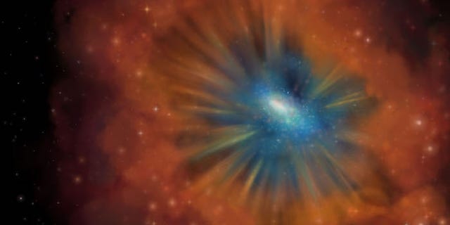 An artistic conception of an energetic quasar that has cleared out the gas and dust in the center of the galaxy and is pushing it to the outskirts. Soon, there will be no gas and dust left to build new stars.