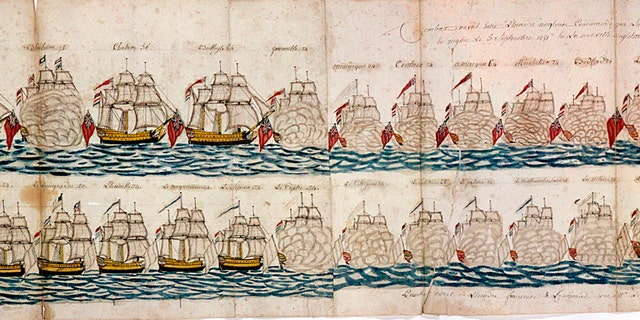 American War of Independence: Battle of Yorktown, 1781.Two lines of warships firing broadsides. From a French logbook, held by the Henry Huntingdon Museum.