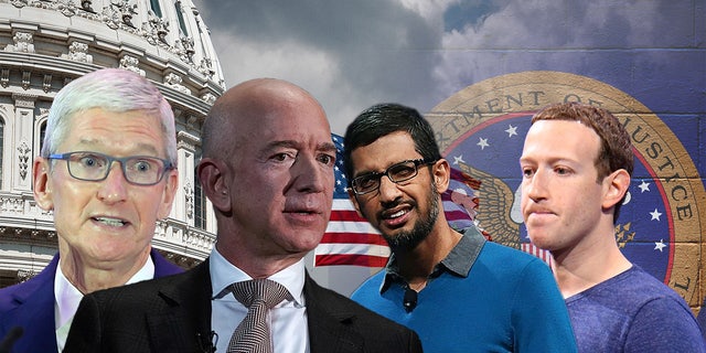 From left: Apple CEO Tim Cook, Amazon CEO Jeff Bezos, Google CEO Sundar Pichai and Facebook CEO Mark Zuckerberg. Big Tech is facing a regulatory reckoning.