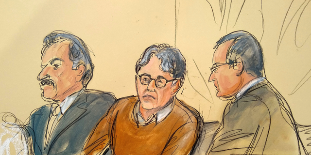 FILE - In this Tuesday, May 7, 2019 file courtroom drawing, defendant Keith Raniere, center, leader of the secretive group NXIVM, is seated between his attorneys Paul DerOhannesian, left, and Marc Agnifilo during the first day of his sex trafficking trial.  After weeks of relentlessly lurid testimony, federal prosecutors  have wrapped up their case against Raniere, a former self-improvement guru accused of sex trafficking. Both prosecutors and defense lawyers told the judge Friday, June 14  they were finished calling witnesses. Closing arguments and jury deliberations will happen next week. (Elizabeth Williams via AP, File)