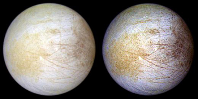 NASA’s Galileo spacecraft captured this color composite view of the Jupiter moon Europa in 1997.