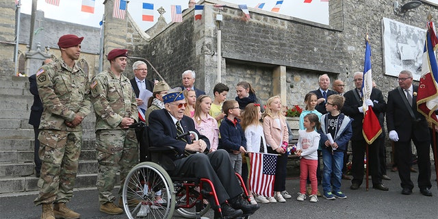 U.S veteran Leonard Ladislas Jintra, from New York, 29 Infantry Division, 115th regiment, attends a ceremony in La Cambe, Normandy, on Wednesday.